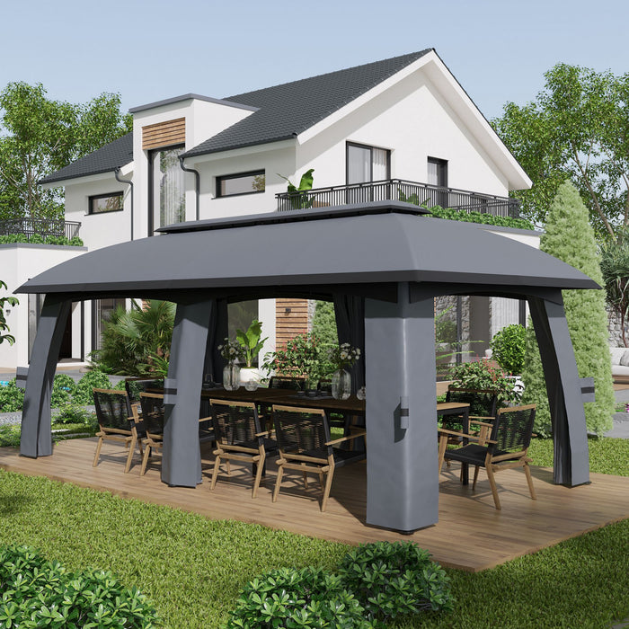 Outsunny Tonnelle De Terrasse 10' X 20', Abri Exterieur Avec Filet Et Rideaux, Toit Ventile, Cadre En Acier Pour Jardin, Pelouse, Arriere-cour Et Terrasse, Gris Fonce