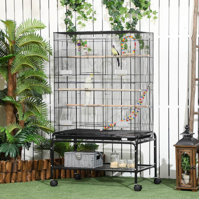 Pawhut Cage A Oiseaux Avec Support Roulant, Jouets, Pour Perruches Canaris Pinsons Inseparables Perruches, Cage A Perroquets Avec Accessoires, Etagere De Rangement, Noir