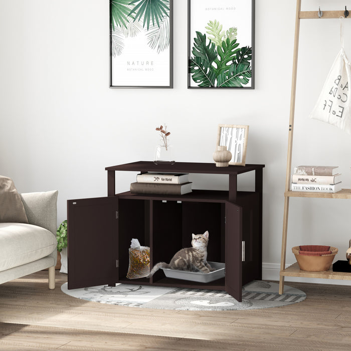 Pawhut En Bois Pour Chat En Bois Litiere Pour Animaux De Compagnie Enceinte Chaton Maison Table De Chevet Table D'appoint Armoire Cachee Avec Separateur Amovible/reglable Portes Magnetiques Marron