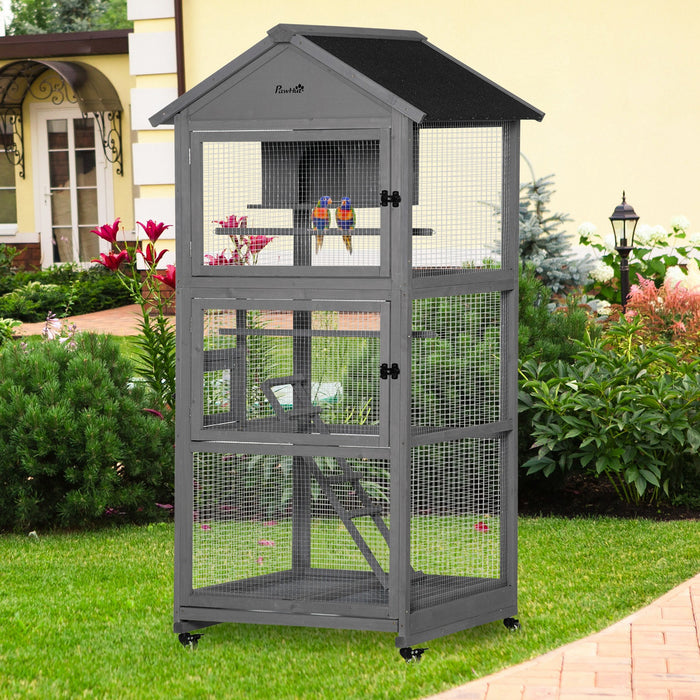 Pawhut 180,9 Cm Cage A Oiseaux Grande Voliere Mobile En Bois Pour Perruche Calopsitte Canari Avec Perchoir A Roue Nid Echelle Plateau Coulissant Pour Interieur Exterieur Gris Fonce
