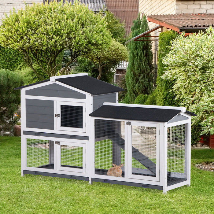 Pawhut Clapier A Lapin A 2 Etages En Bois Pour Petits Animaux Avec Rampe, Plateau Sans Fuite, Toit Resistant Aux Intemperies Et Enclos Exterieur, Interieur/exterieur, Gris