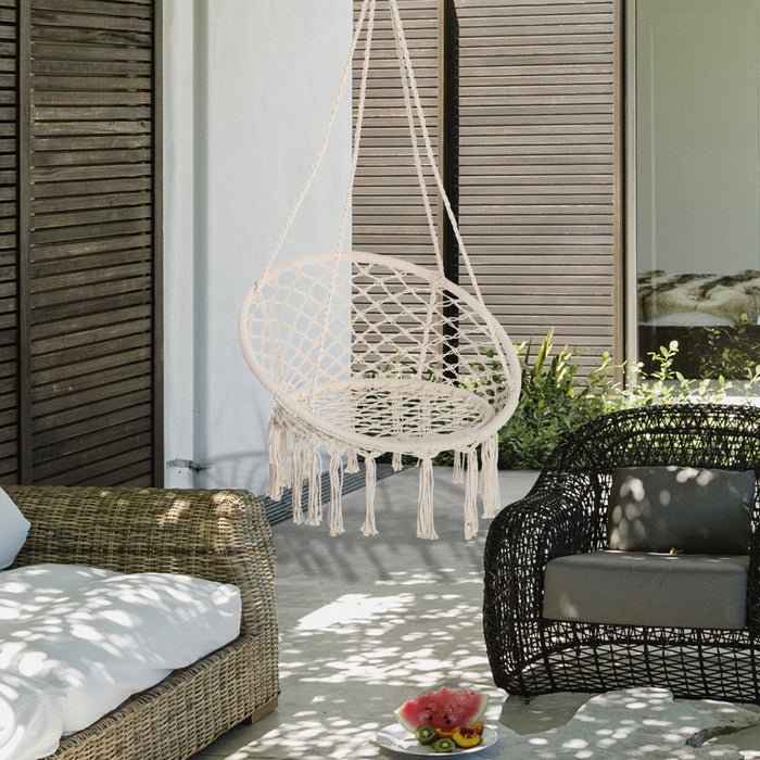 Outsunny Chaise Suspendue Balancoire A Corde Suspendue Pour L'interieur Et L'exterieur Avec Dossier, Melange Coton-polyester, Franges, Blanc Creme
