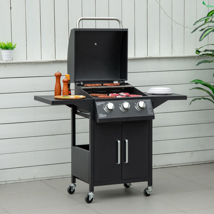 Outsunny Gril a gaz a 3 bruleurs avec roulettes, etageres, thermometre Noir