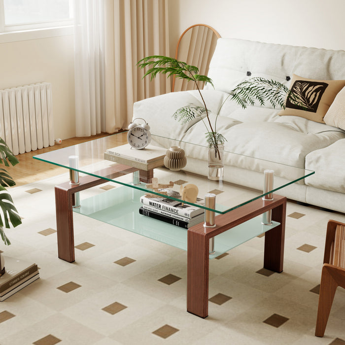 Table basse moderne rectangulaire en verre trempe transparent Liam, finition noyer
