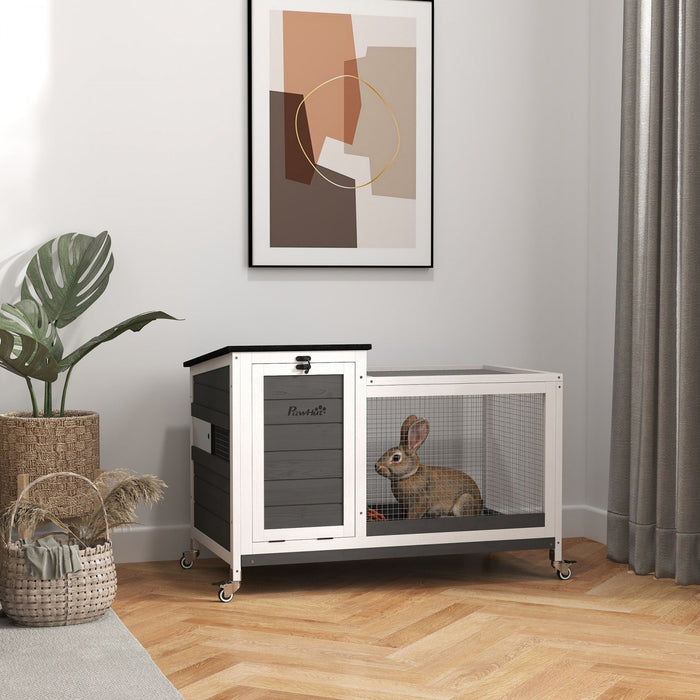 Pawhut Clapier A Lapin En Bois, Cage Pour Cochon D'inde Interieure Et Exterieure Avec Plateau Coulissant, Cage Pour Petits Animaux Sur Roues Avec Enclos, Gris Fonce
