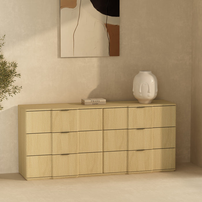 Commode Clive style milieu du siecle 183 cm en chene naturel et or (6 tiroirs)