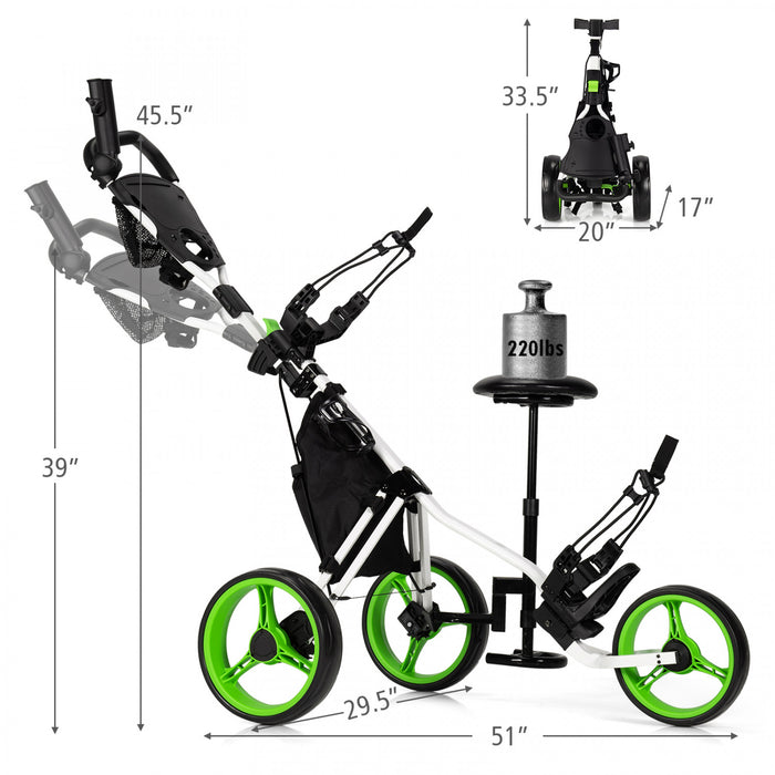 Goplus Pliant 3 Roues Golf Push Cart W/seat Tableau De Bord Poignee Reglable Vert