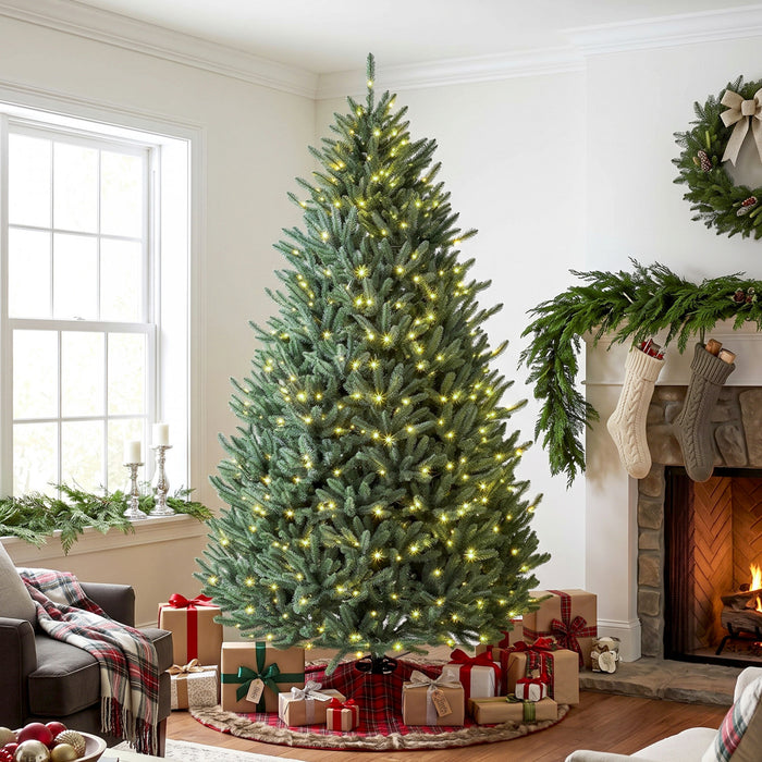 HOMCOM Sapin de Noel pre-eclaire 225 cm, Easy Plug, eclairage bicolore, a charnieres