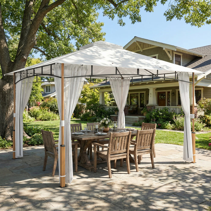 Outsunny Tonnelle de Patio 3,6 x 3 m, Double Toit avec Moustiquaire, Blanc Creme