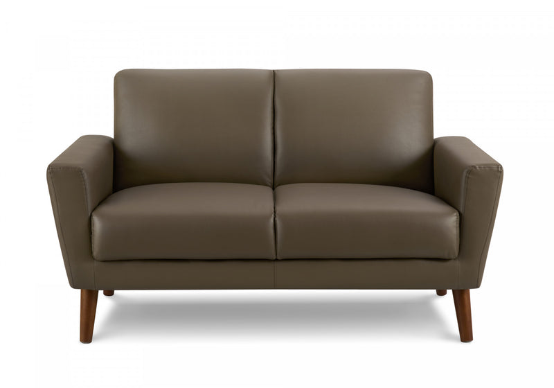 Causeuse Rembourre, 58\" L, Aspect Cuir Marron, Pieds En Bois De Noyer, Mid-Century