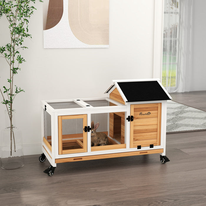 Clapier pour lapin avec roues, rampe, enclos, plateau, jaune