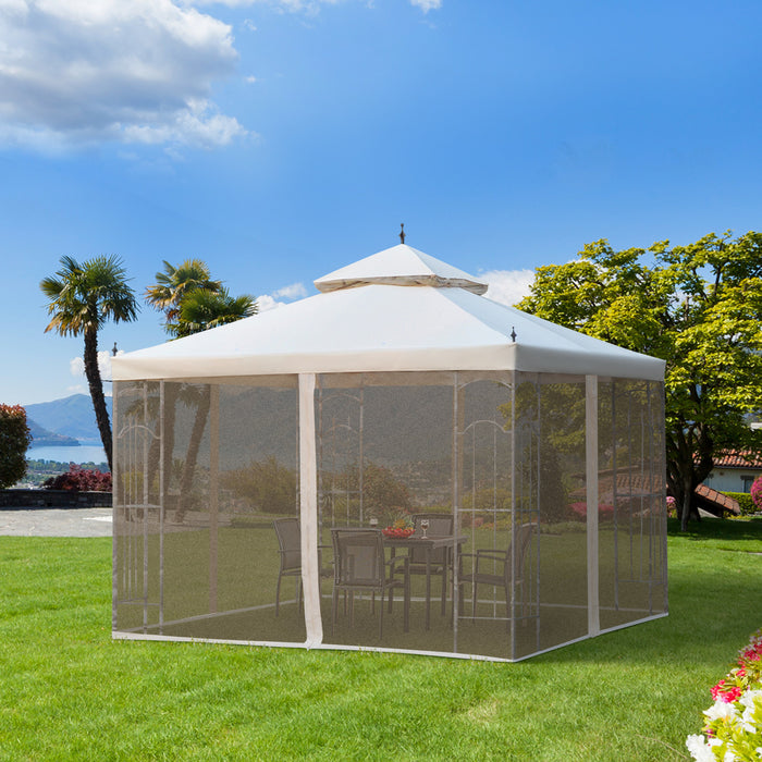 Outsunny 10x10pi Tonnelle De Jardin Double Toit Exterieur Auvent Terrasse Evenement Fete Tente Arriere-cour Pare-soleil Avec Rideau En Maille, Blanc Creme