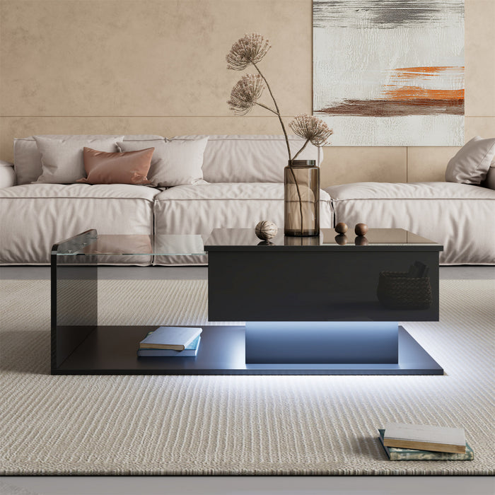 Table Basse Moderne Jonson A Plateau Relevable Avec Eclairage Led, Noir Laque Brillant