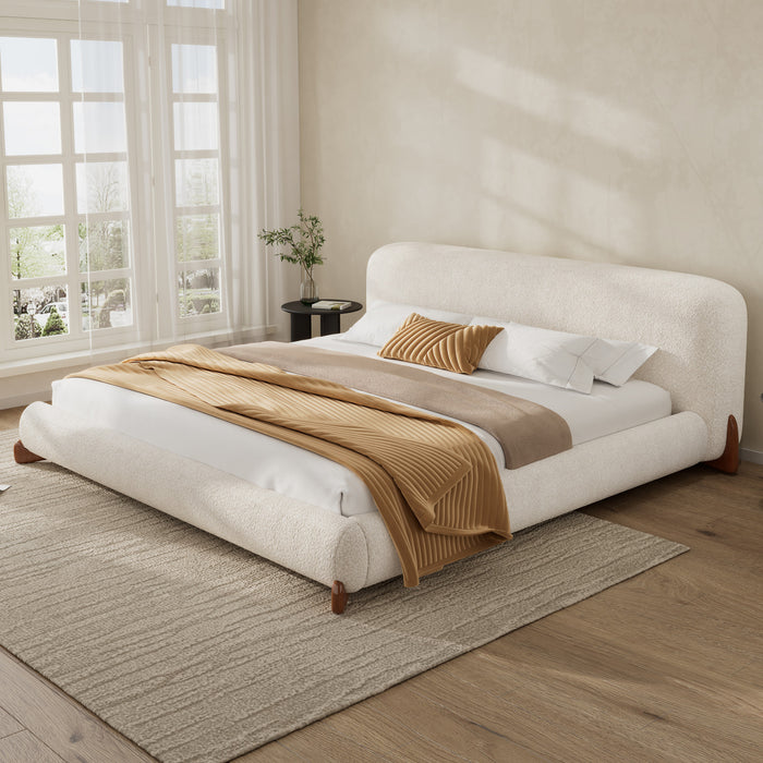 Cadre de lit plateforme Emma a profil bas avec tete de lit courbee et revetement en boucle, taille queen, blanc creme