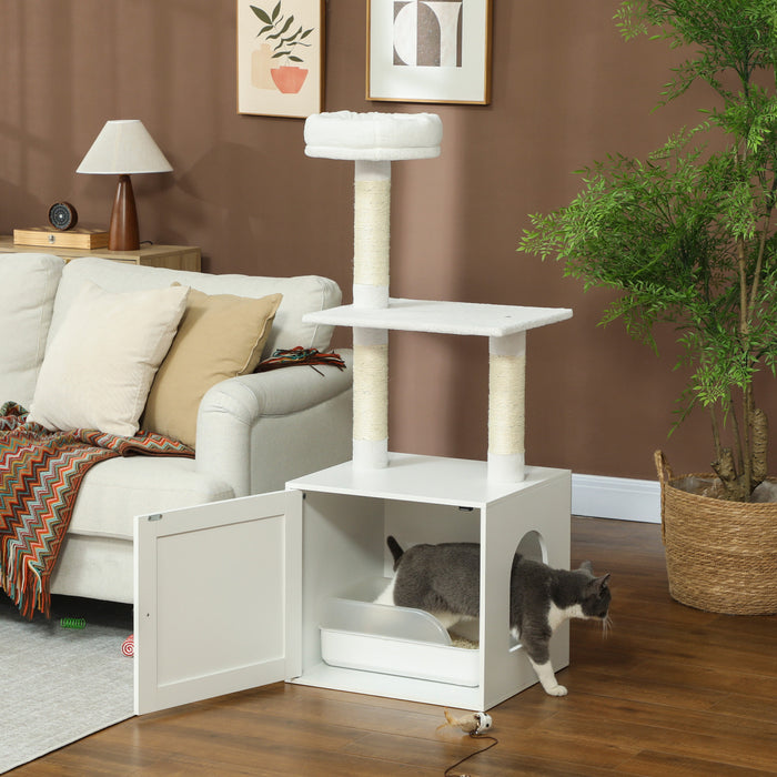 Cat Tree With Litter Box Enclosure, Hidden Cat Tower, White