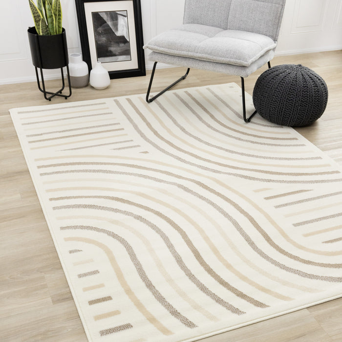 Carpette Forte crème, beige et brune à motif de lignes courbées - 7 pi 9 po x 10 pi 6 po