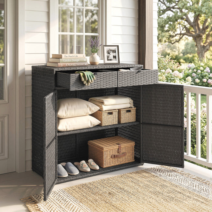 Meuble de rangement exterieur en rotin Outsunny avec 2 tiroirs et etageres, Gris fonce