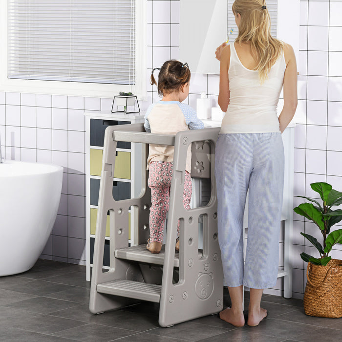 Qaba Tabouret De Cuisine Pour Tout-petits Avec Trois Hauteurs Reglables, Gris