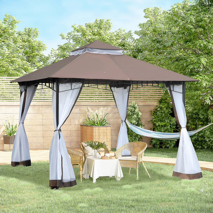 Outsunny 10x10pi Pare-soleil Exterieur A Auvent De Gazebo De Jardin A Deux Niveaux Toit Anti-uv Resistant A L'eau Avec Structure En Metal Et Parois Laterales En Maille Cafe