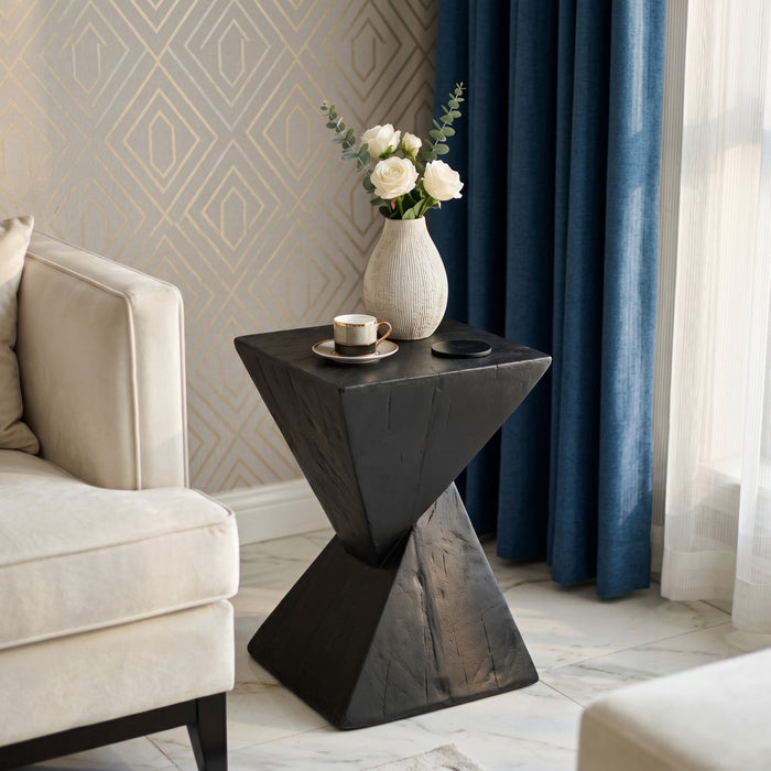 Table d'appoint geometrique torsadee Zane 18 pouces MGO, table laterale interieure a grain de bois, noir