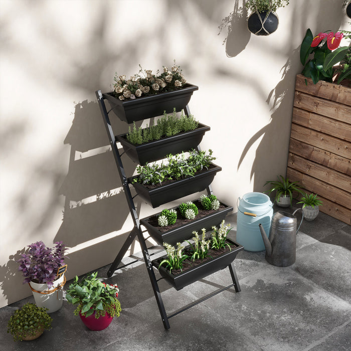 Outsunny Lit De Jardin Sureleve A 5 Niveaux Avec 5 Bacs A Plantes, Support Pour Plantes D'exterieur Conteneurs De Culture Avec Trous D'ecoulement Pour Balcon, Patio Et Exterieur, Noir
