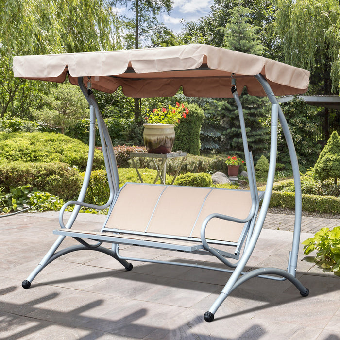 Outsunny Chaise Pivotante En Metal 3 Places Hamac Avec Couverture D'auvent Robuste Pour Jardin, Terrasse Exterieure Beige