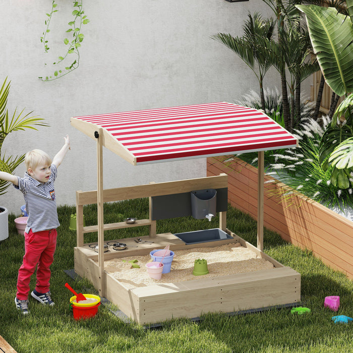 Outsunny Bac a sable pour enfants avec couvercle, bac a sable en bois avec couvercle reglable, siege, jeu de sable en plein air pour les 3 a 7 ans, 45 x 43 x 43 po, bois naturel