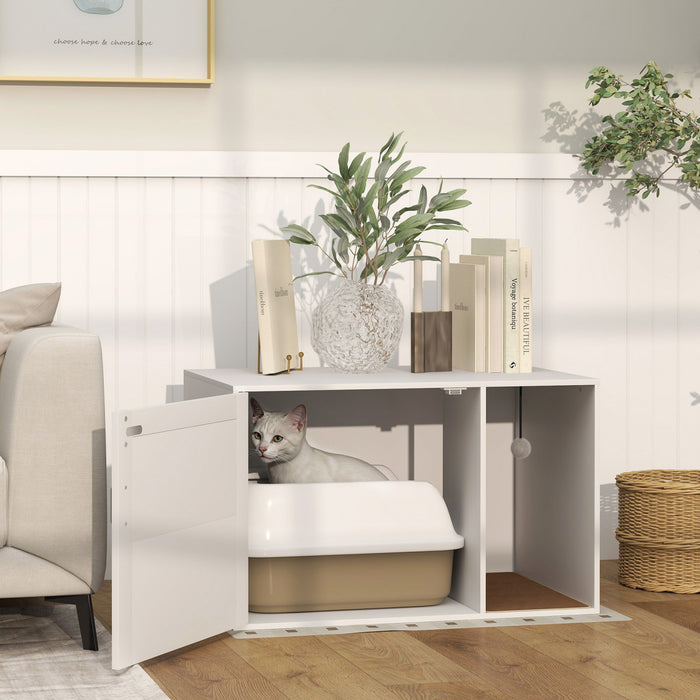 Bac A Litiere Pawhut, Meuble Dissimule Avec Porte En Rotin, Griffoir, Patins Antiderapants, Table D'appoint Pour Salle De Bain Pour Chat, 80 X 50 X 50 Cm, Blanc