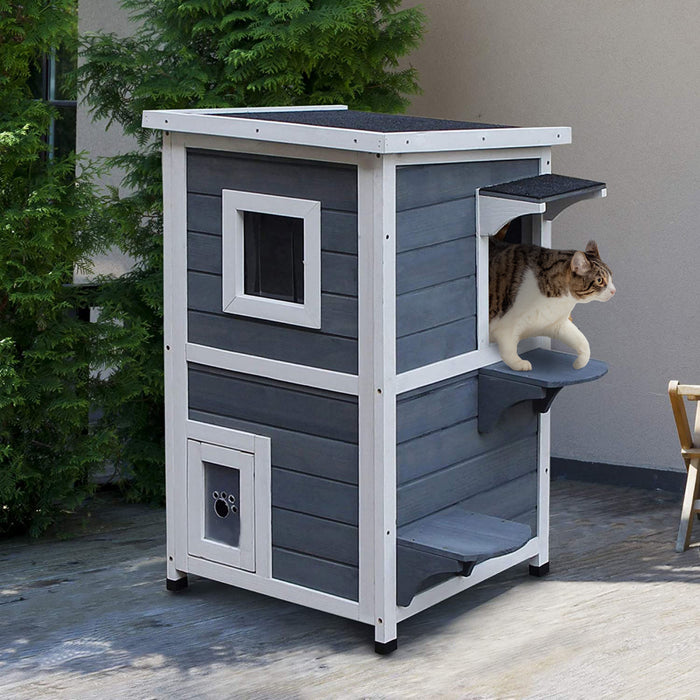 Pawhut Histoire Maison Pour Chats Exterieure, Enceinte Pour Chats Exterieure Abri Pour Chats En Bois Avec Fenetres, Plates-formes, Toit Ouvrant, Toit Asphalte, Gris