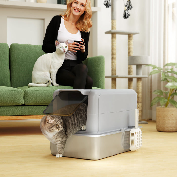 Bac A Litiere Pour Chat En Acier Inoxydable Avec Couvercle