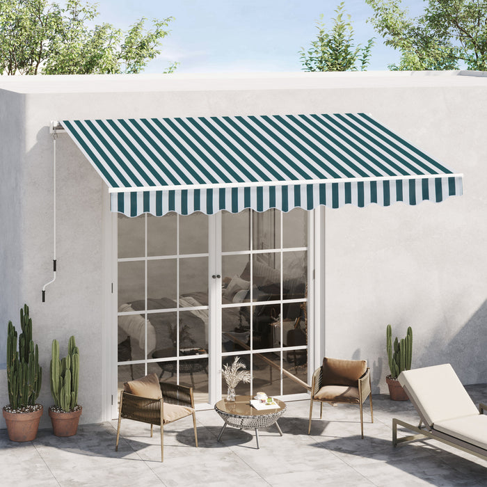 Outsunny 10x8pi Auvent De Terrasse Retractable Manuel Resistant A L'eau Pare-soleil Exterieur Pont Fenetre Porte Auvent Abri Cadre En Aluminium Rayure Verte/blanche