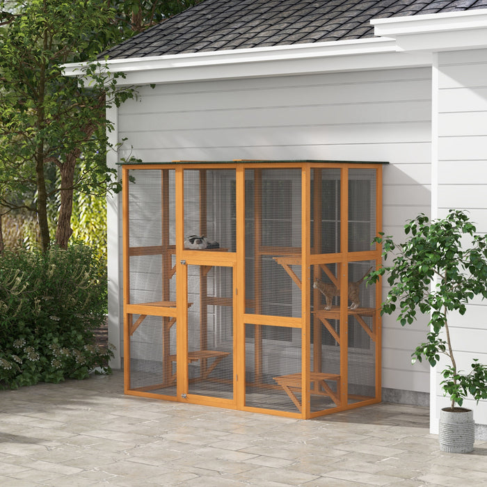 Pawhut Grand Enclos Exterieur Pour Chat, Terrasse En Bois Pour Chat Avec 6 Plates-formes Equilibrees Et Toit En Asphalte, 71\" X 38.5\" X 71\", Orange