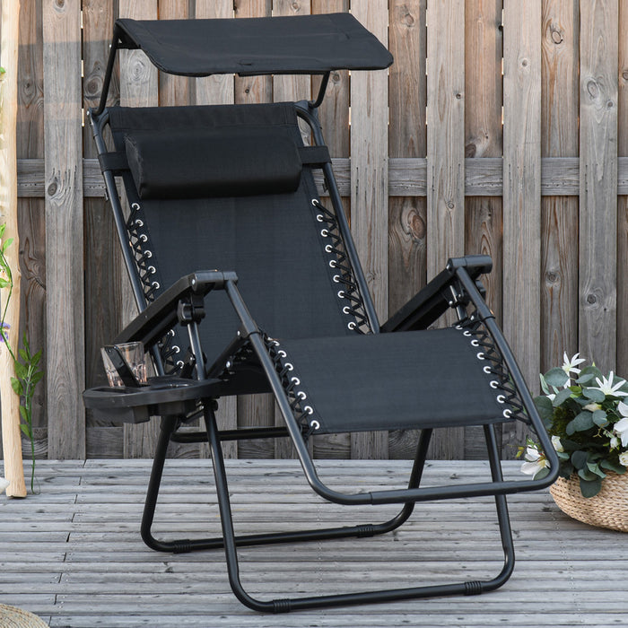 Outsunny Chaise Longue Pliable Avec Auvent, Plateau Lateral, Porte-gobelet