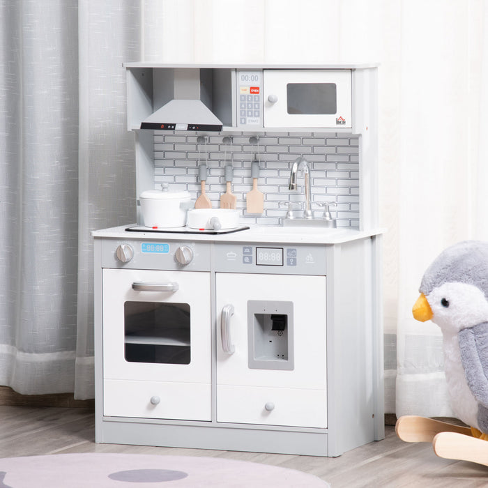 Qaba Cuisine Pour Enfants 3-6 Ans Dinette Jeu D'imitation Educatif Complet Nombreux Accessoires Effets Sonore Materiau En Mdf Robuste 23.5\" X 11.5\" X 33\" Gris Blanc
