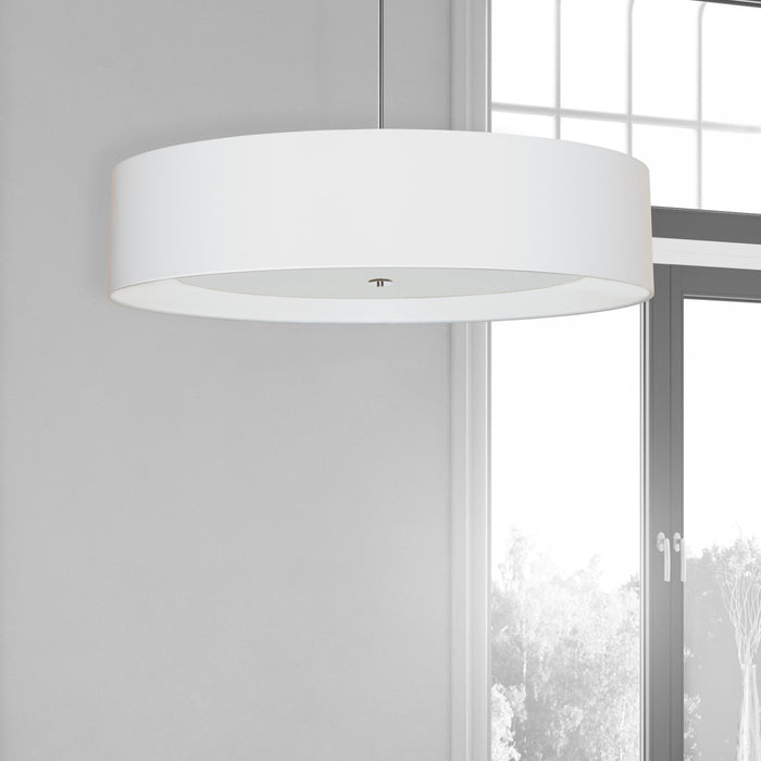Luminaire suspendu Helena de Dainolite de 40 po de diamètre avec abat-jour blanc qui diffuse la lumière, fini chromé poli et 6 ampoules