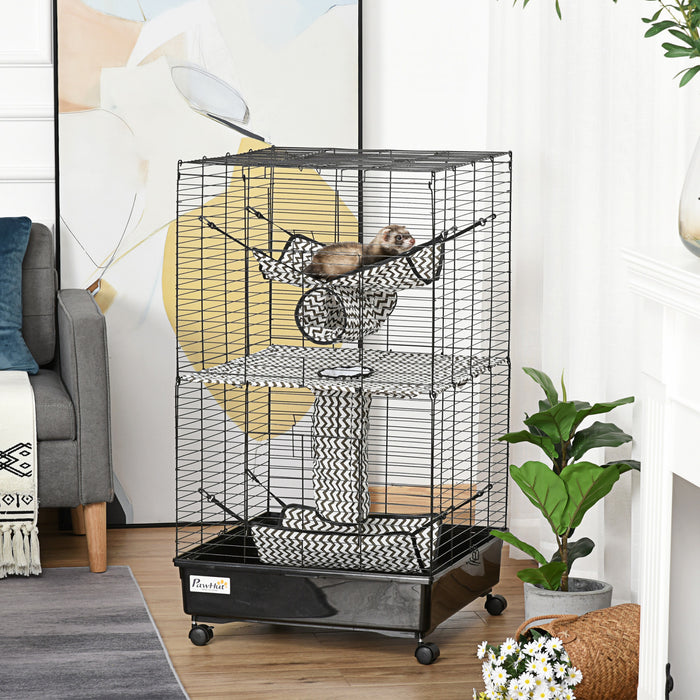 Pawhut Petit Animal Cage Habitat Maison De Jeu Pour Animaux De Compagnie Pour Furet Avec Roues Hamacs Tunnels Et 3 Portes Noir