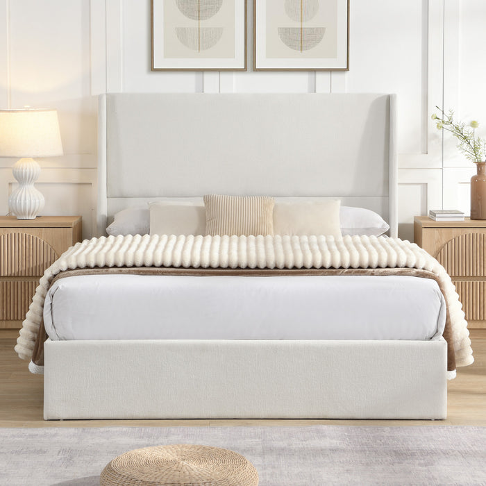 Liam Lit plateforme rembourre avec tete de lit a ailes, taille Queen, beige
