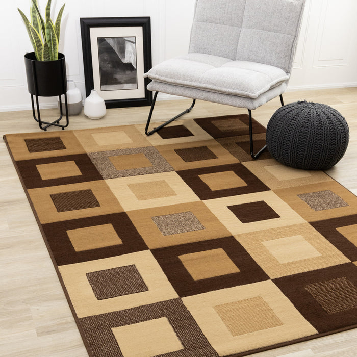 Tapis Florence a carreaux superposes marron et beige, 7'9\" x 10'6\"
