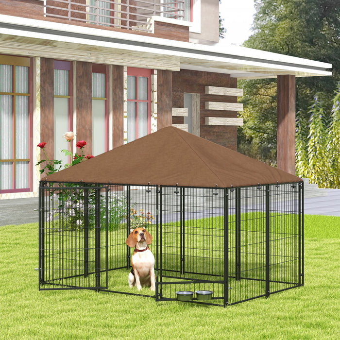 Pawhut Chenil Exterieur Pour Chien De 6.9' X 4.6' X 5' Avec Auvent, Bols Rotatifs, Porte Pour Cour Et Jardin, Cafe