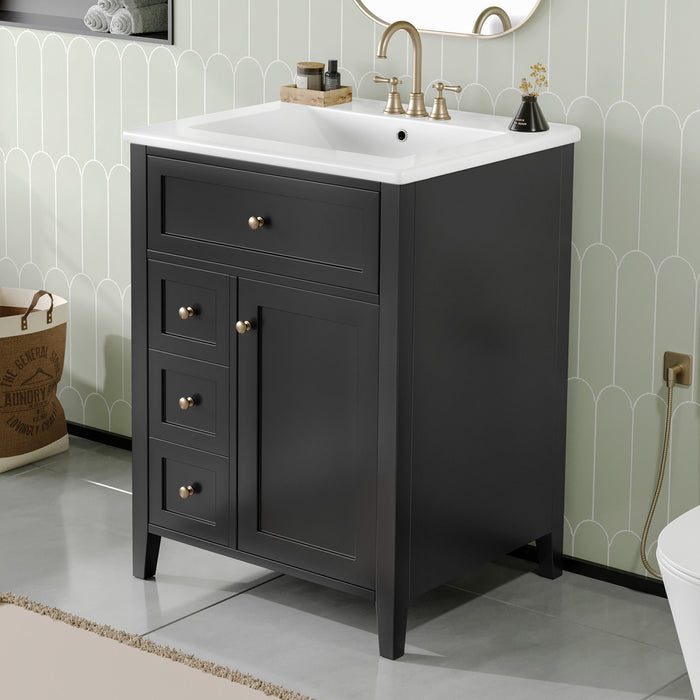 Scott Meuble-lavabo de 24\" avec vasque en ceramique et pieds en bois caoutchouc, Noir