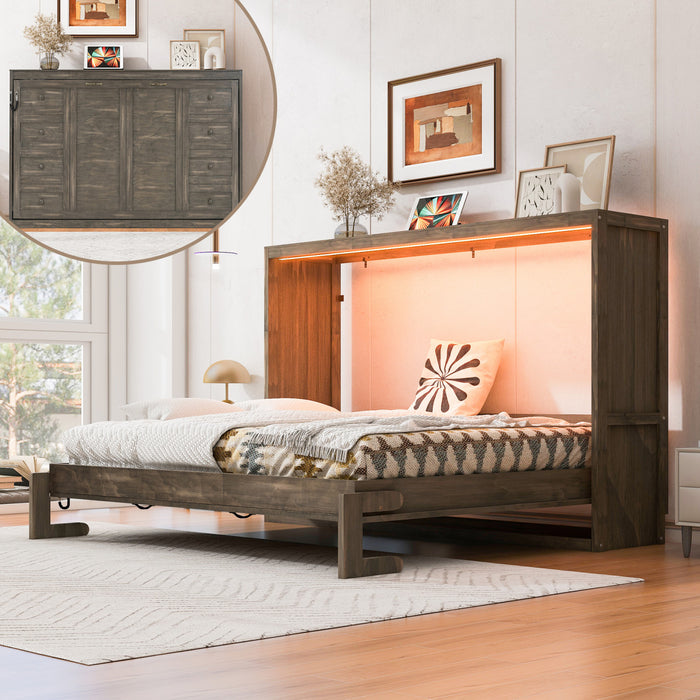 Lit escamotable Olivia en bois massif avec lumiere LED et armoire pliante, taille queen, marron