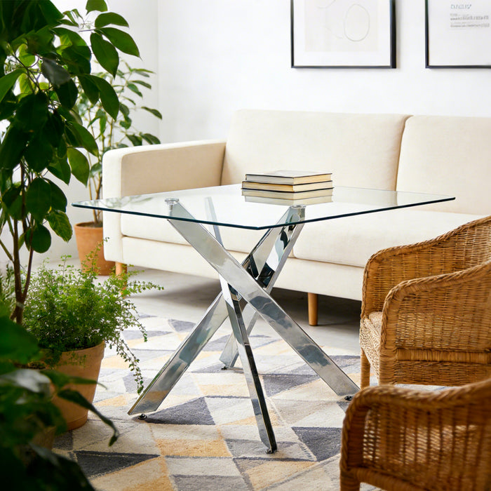 Table a manger carree en verre Olivia avec fonction polyvalente, finition chrome