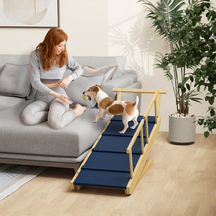 Pawhut Escalier Pour Chien, Escalier Reglable Pour Animaux De Compagnie, Marches Pliables Avec Tapis Antiderapant Pour Chiens De Petite Et Grande Taille, Pour Lit Haut, Canape, Finition Bois Naturel