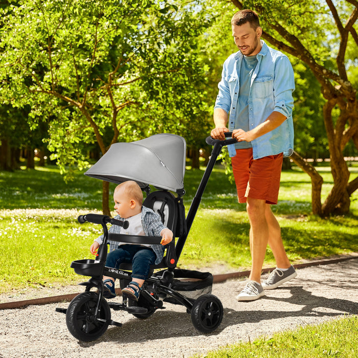 Qaba Tricycle Enfants Evolutif 4 En 1 Canne Telescopique Amovible Et Pare-soleil Pliable Demontable Angle Du Dossier Reglable Siege Pivotant Sac Et Paniers Integres Metal 44\" X 20.5\" X 38.5\" Gris