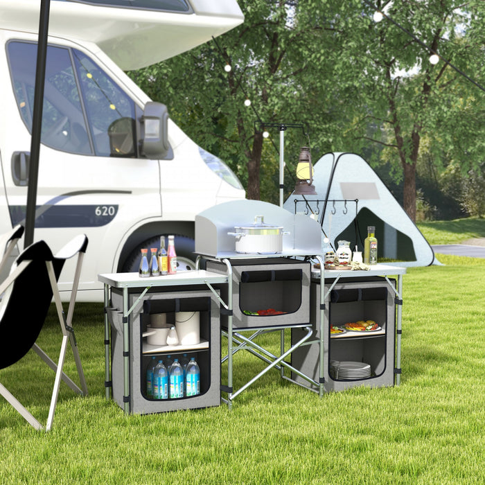Outsunny Cuisine de camping pliante avec armoires en tissu pare-brise gris