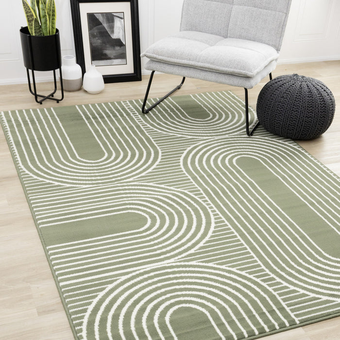Tapis Florence vert et blanc a motifs geometriques modernes en arches, 6'7\" x 9'6\"