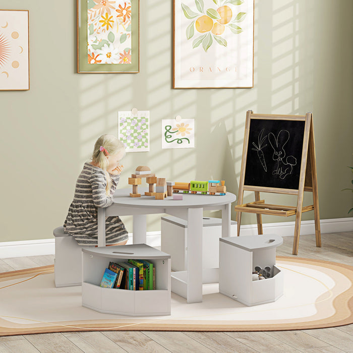 Qaba Ensemble Table Et Chaises Pour Enfants, 5 Pieces, Table Et 4 Chaises Avec Rangement, Table D'activites Pour L'art, L'artisanat, La Lecture, Pour Salle De Classe, Chambre D'enfant, Garderie, Gris