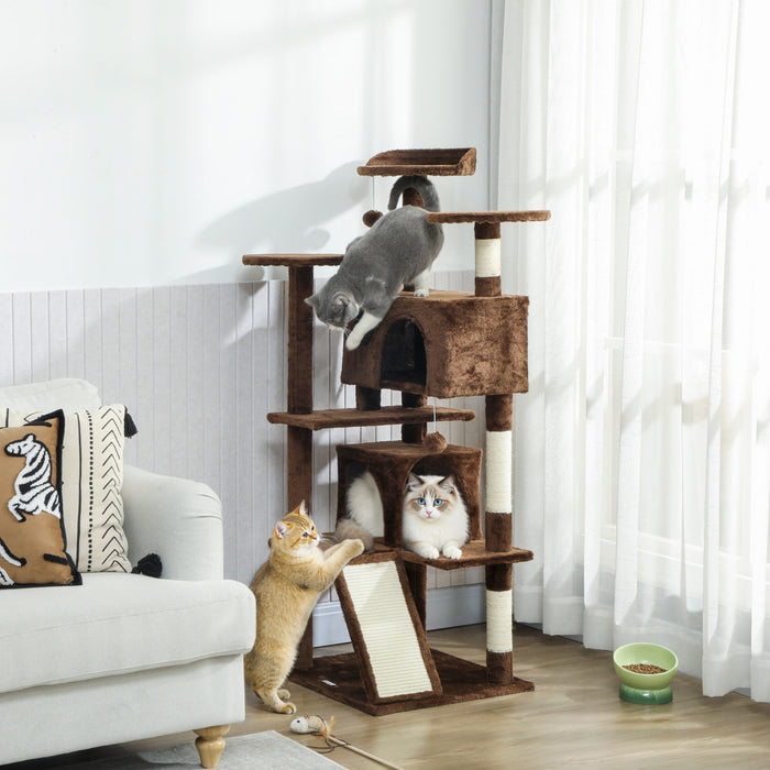 Arbre a chat 138 cm avec poteaux a griffer, niches, marron clair