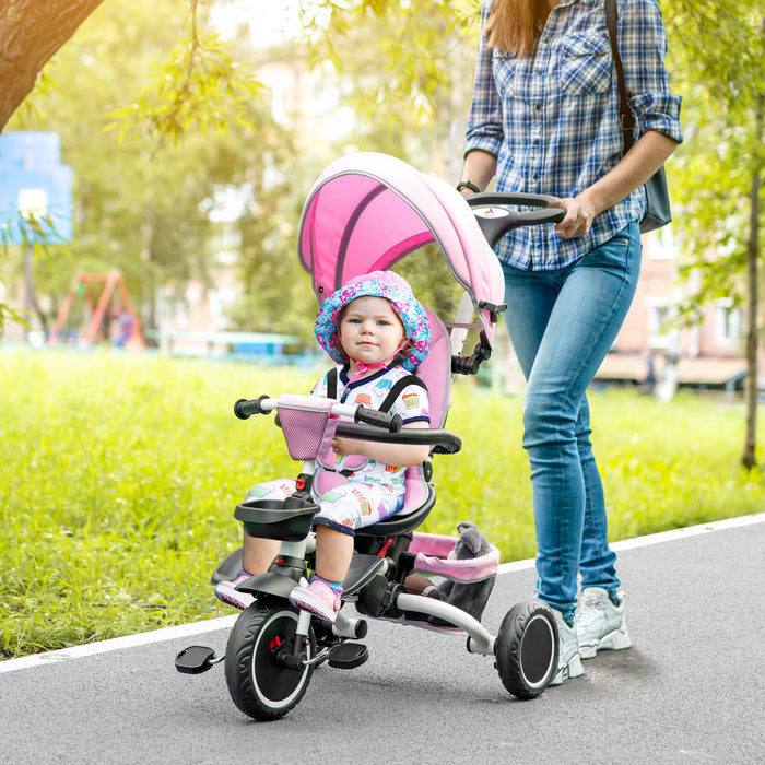 Aosom Tricycle Pour Enfant 7-en-1, Avec Siege Rotatif, Poignee De Poussee Reglable, Harnais De Securite, Auvent Detachable, Repose-pieds Semi-inclinable, Barre De Securite Pour 12-50 Mois, Rose