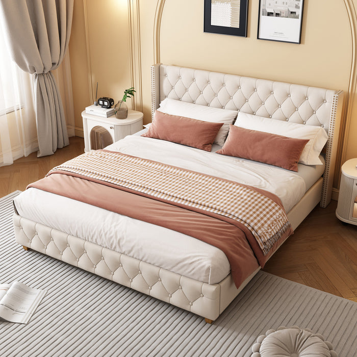 Lit plateforme en lin Haley avec tete de lit a ailes classiques et capitonnage en diamant, taille Queen, beige